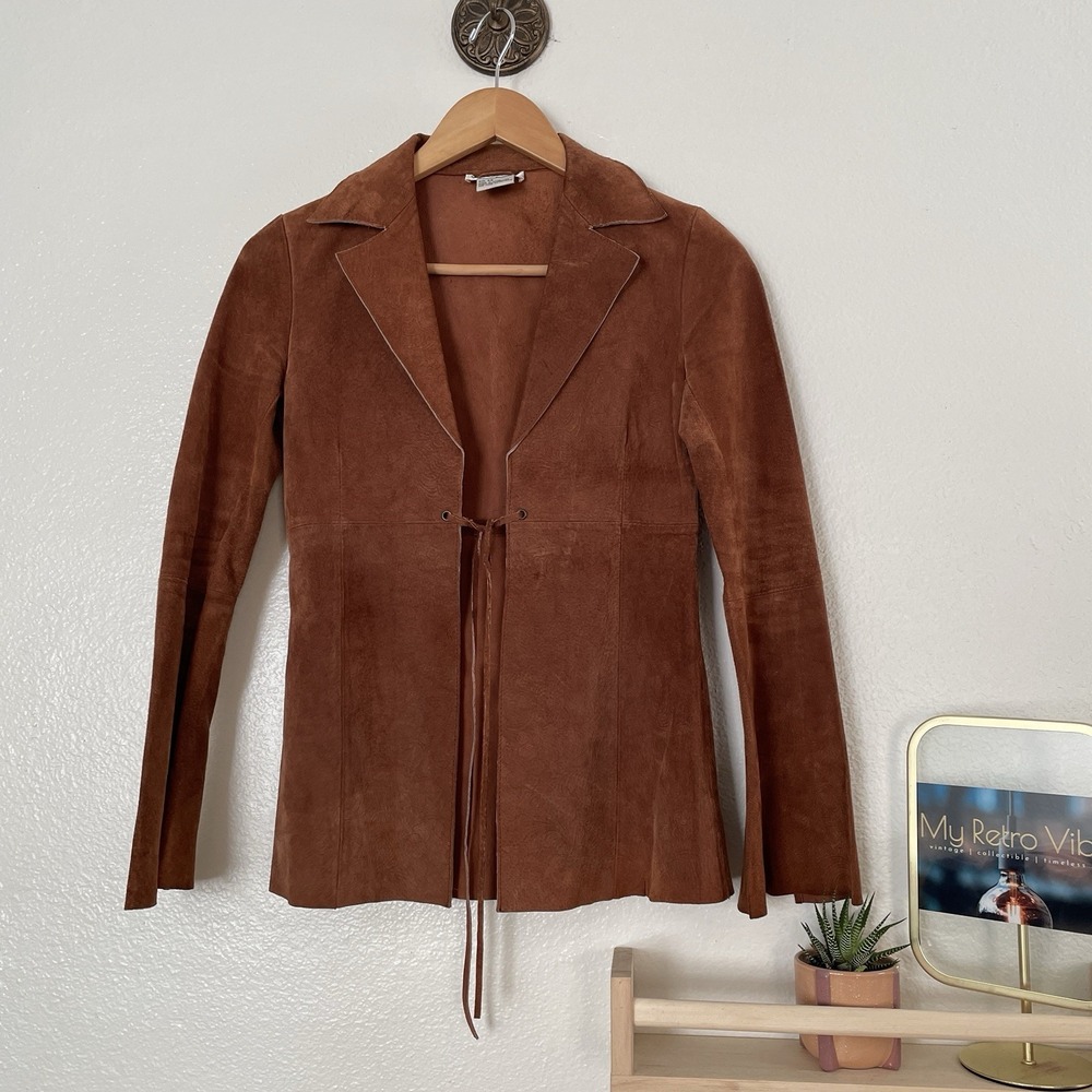 Vintage Wet Seal Y2K Suede Leather Jacket Tie Front Caramel Brown Floral Imprint